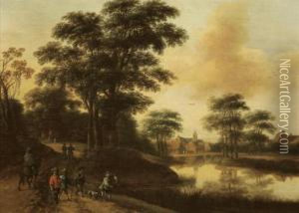 A Hunting Party Near A Lake, A Village In The Distance Oil Painting - Pieter Jansz. van Asch