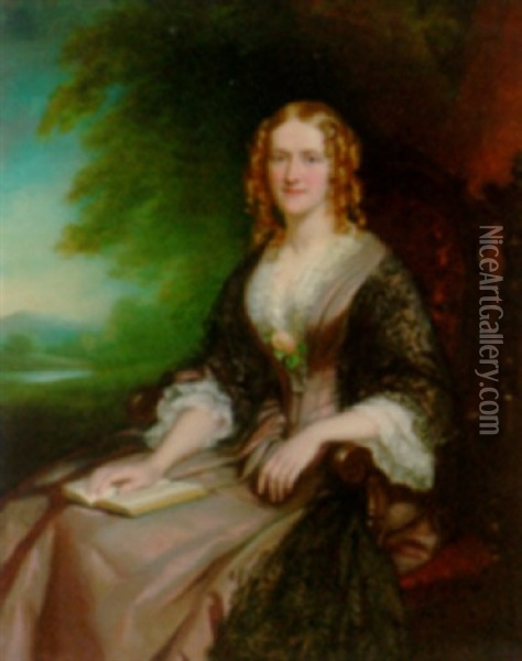 Portrait Of Mrs. Acton Tindal In A Pink Dress With A Black Lace Shawl Oil Painting - John Lindsay Lucas