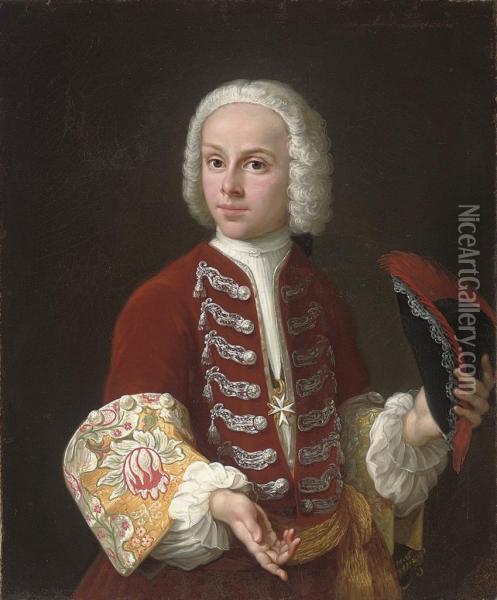 Portrait Of A Youth Of The Order Of Malta, Half-length, In A Redvelvet Coat With Silver Frogging And Embroidered Cuffs, And Amedallion Of The Order Of Malta, A Tricorn In His Left Hand Oil Painting - Antonio David