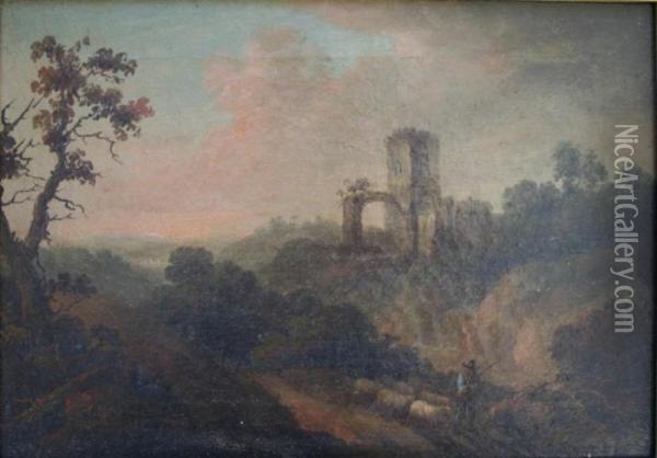 Landscape At Sunset With Classical Ruins Oil Painting - Thomas Barker of Bath