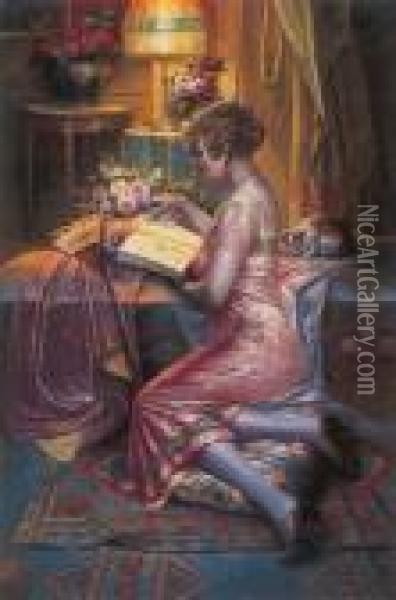 A Woman Reading In An Interior Oil Painting - Max Carlier