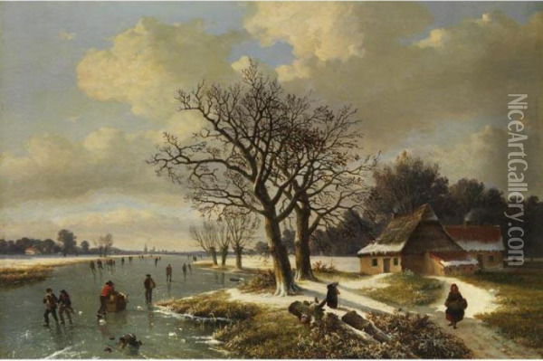 Eisvergnugen In Niederlandischer Polderlandschaft Oil Painting - Louis Pierre Verwee