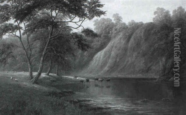 Cattle Watering, Bolton Abbey, Yorkshire Oil Painting - William Mellor