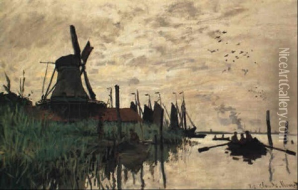 Moulin A Vent Et Bateaux A Zaandam Oil Painting - Claude Monet
