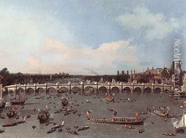 London Westminster Bridge From The North On Lord Mayors Day Oil Painting - (Giovanni Antonio Canal) Canaletto