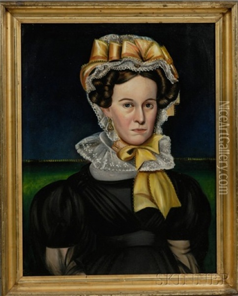 Portrait Of A Woman Wearing A Fancy Yellow-ribboned Lace Bonnet Oil Painting - Milton W. Hopkins