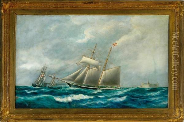 Ship Portrait Of A Danish Brigantine Saling Along The Coast Of Elsinore Castle Oil Painting - Peder Nielsen Foss