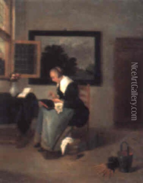 A Lady Sewing In An Interior Oil Painting - Quiringh Gerritsz van Brekelenkam