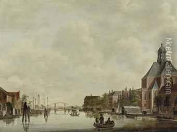A View Of The Nieuwevaart With The Kattenburgerbrug, Amsterdam,with Wittenburg, The Oosterkerk, Brewery De Parel And The Currentscheepvaartmuseum To The Right, The Kadijk To The Left Oil Painting - Jan De Beyer