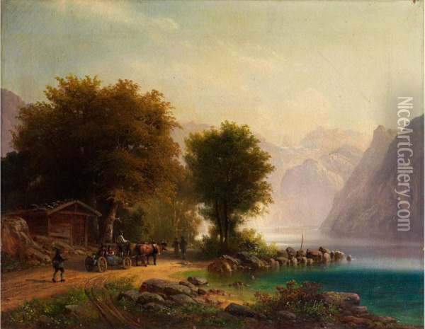 Alpenlandschaft Mit Bergsee Und Figurenstaffage Oil Painting - Anton Doll