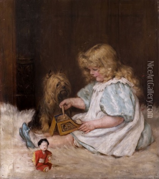 Spielendes Madchen Mit Hundchen, Xylophon Und Japanischer Puppe Oil Painting - Edith Scannell
