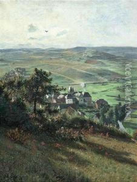 View From A Bank Toa Small Village Oil Painting - Adolf Lins