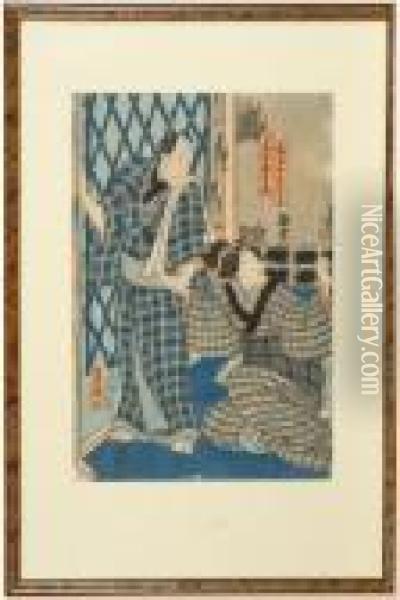 Depicting A Man And Woman Beside A Lattice Doorway Oil Painting - Kunisada