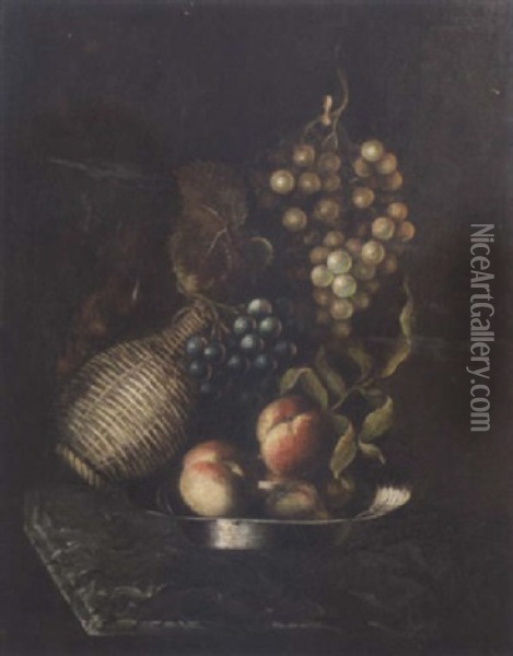 Peaches On A Pewter Plate, A Wine Flask And Black And White Grapes On A Marble Top Table Oil Painting - Jan Pauwel Gillemans The Elder