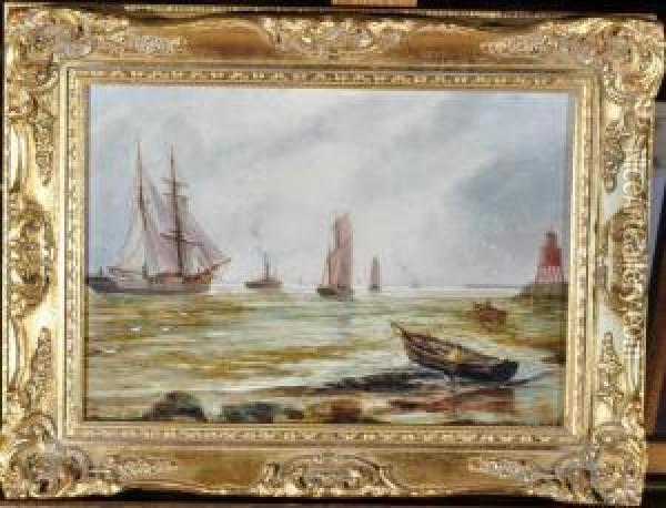 Shipping And Steam Tug Off The Coast Oil Painting - Bernard Benedict Hemy
