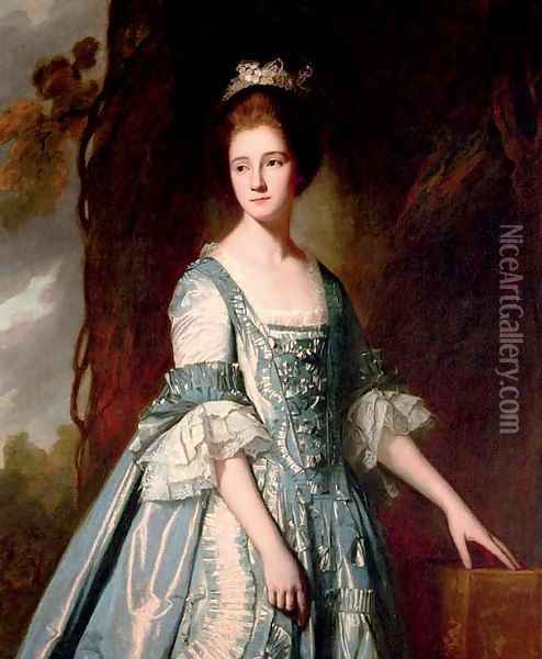 Portrait of a lady, half-length, in a blue and pink dress, in a landscape Oil Painting - George Romney
