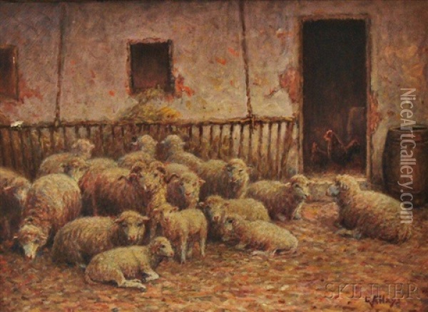Sheep At Rest Near A Barn Door Oil Painting - George Arthur Hays