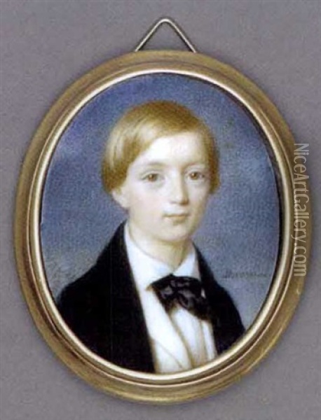 A Boy, In Black Coat, White Waistcoat And Shirt, Black Bow-tie, Short Fair Hair Oil Painting - Francois Meuret