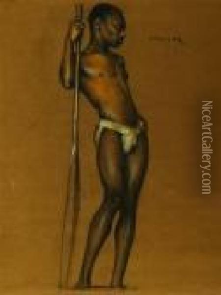 Standing Black Man Leaning On A Pole,
 Signed Sawyer