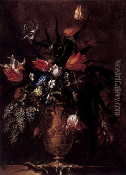 A Still Life Of Variegated Tulips And Other Flowers In An Ormolu Vase Oil Painting - Mario Nuzzi
