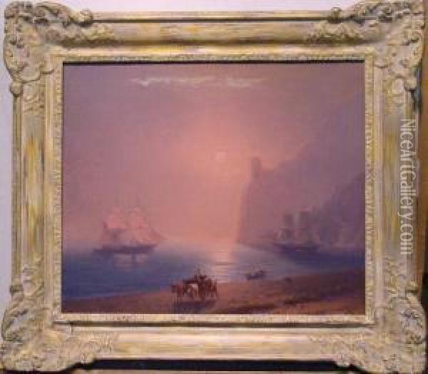 Oxen Cart By A Bay Oil Painting - Ivan Konstantinovich Aivazovsky