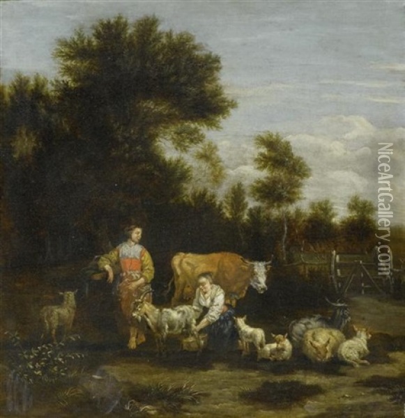 Hirtinnen Mit Tieren Auf Der Weide Oil Painting - Johannes van der Bent