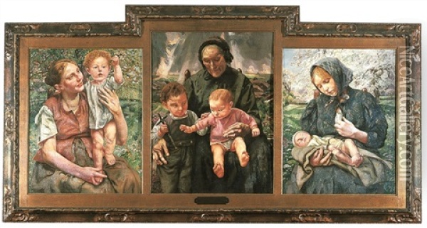 Sainte Famille - Les Ages De La Vie (3 Works In Triptych) Oil Painting - Leon Frederic
