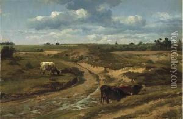 Cattle Grazing By A Sandy Track In Summer Near Genck Oil Painting - Francois Roffiaen