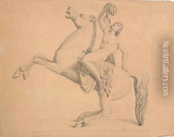 A nude astride a rearing horse, after a sculptural frieze Oil Painting - Bertel Thorvaldsen