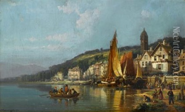 Coastal Town (+ Town On The River; Pair) Oil Painting - Charles Euphrasie Kuwasseg
