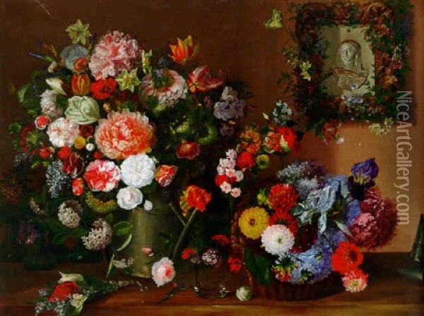 Still Life Of Flowers On A Ledge Oil Painting - Tommaso da Bescia Castellini