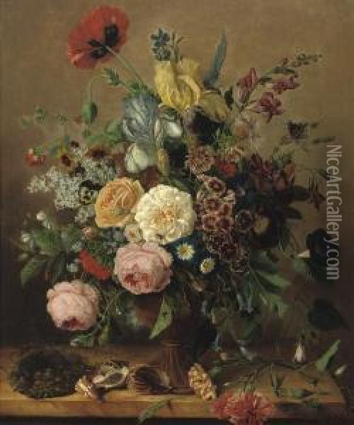 Roses, Peonies, Delphinium And Various Other Flowers In A Vase,together With Shells And A Birds Nest, All On A Stone Ledge Oil Painting - Adriana Van Ravenswaay