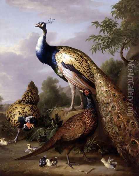 Peacock, Hen and Cock Pheasant in a Landscape Oil Painting - Tobias Stranover