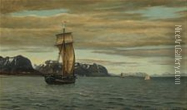 Seascape With Sailing Ships Off A Mountainous Coast With Snow Oil Painting - Christian Blache