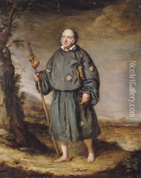 Portrait Of A Gentleman As A Pilgrim, On A Track, Holding A Staff With A Gourd And A Bible Oil Painting - Edward Daniel Leahy