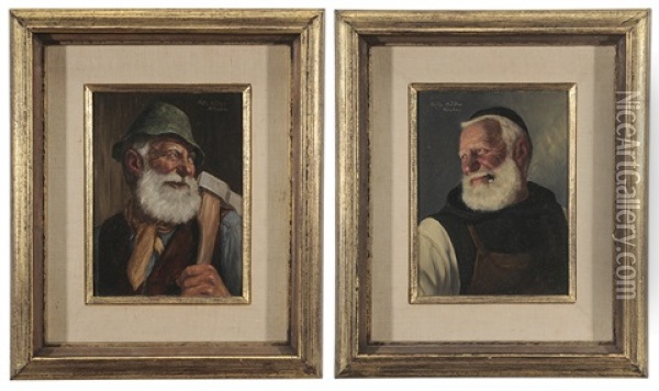 Two Genre Portraits Of Older German Men: Friar Smoking; Man With Axe (2 Works) Oil Painting - Fritz Muller
