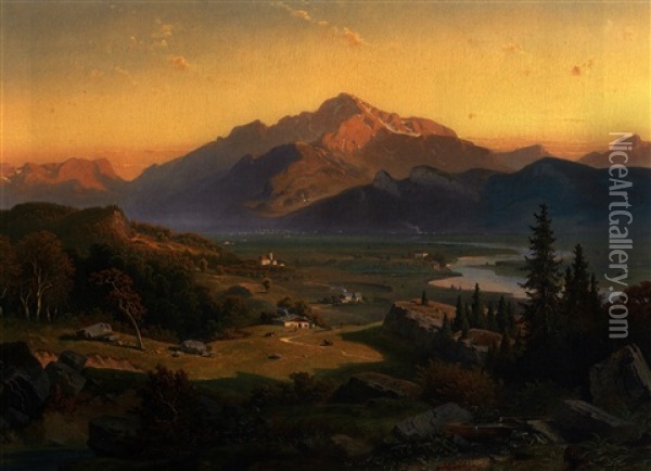 Abendliche Sommerliche Landschaft Im Rheintal Mit Blick Auf Den Luziensteig Oil Painting - Josef Mayburger