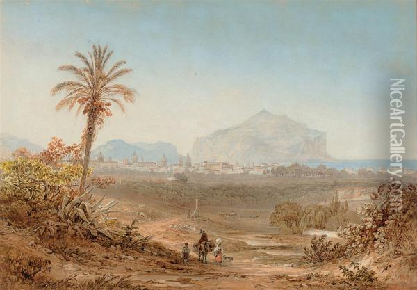 Travellers Approaching Monte Pellegrino, Palermo Oil Painting - Friedrich Horner