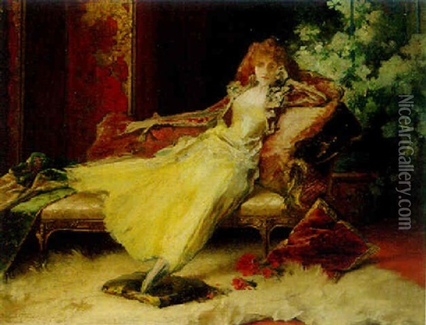 An Elegant Lady On A Chaise Lounge Oil Painting - Conrad Kiesel