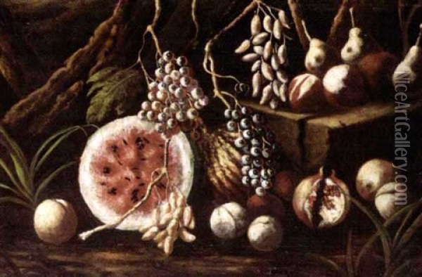 A Still Life With Watermelons, Grapes, Pears And Peaches Oil Painting - Giuseppe Ruoppolo