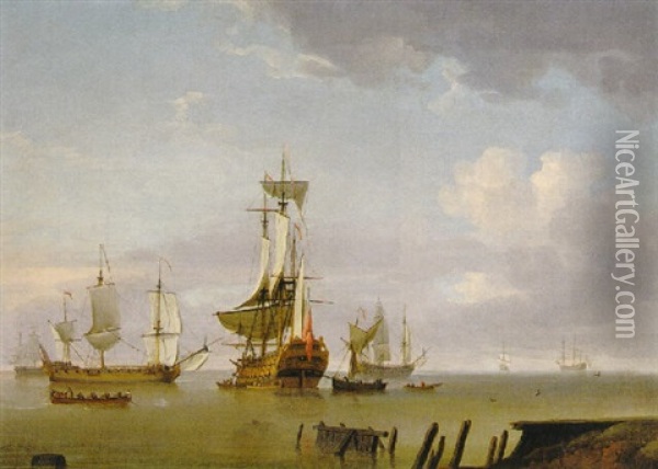 A Man-of-war Becalmed With Other Shipping Off The Coast Oil Painting - Charles Brooking