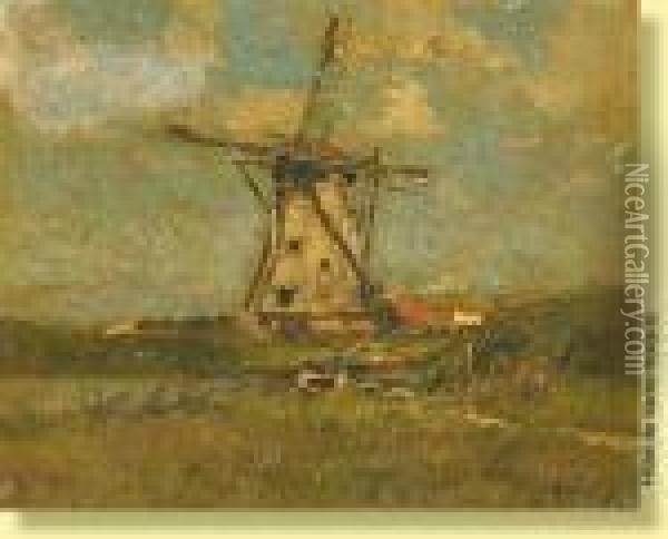Pecheur Devant Le Moulin Oil Painting - Frans Courtens