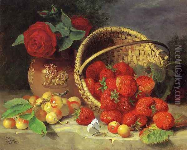 A Basket of Strawberries, Cherries, a Butterfly and Red Roses in a Vase on a Stone Ledge Oil Painting - Eloise Harriet Stannard