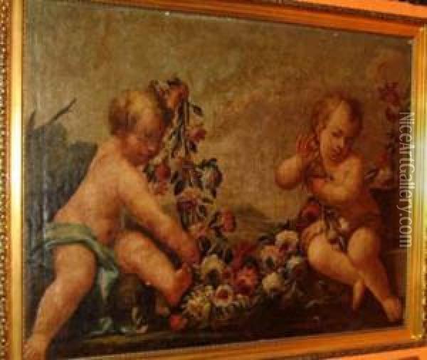 Two Putti Holding A Garland Of Flower Oil Painting - Franz Werner Tamm