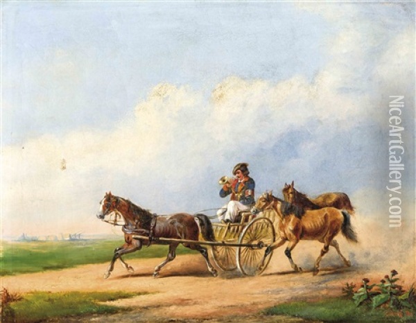 Junger Mann Auf Einer Kutsche Umgeben Von Weiteren Pferden In Ein Horn Blasend Oil Painting - Karoly Marko the Younger