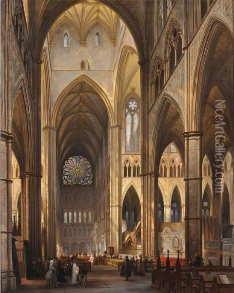 Figures In The Interior Of A Cathedral Oil Painting - Jules Victor Genisson