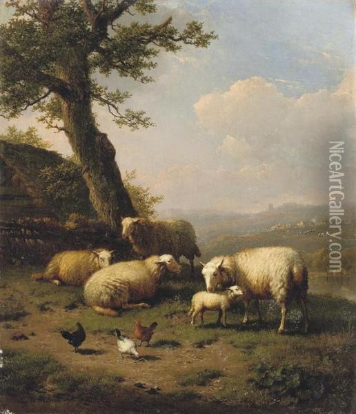 Sheep And Chickens In A Riverside Pasture Oil Painting - Eugene Joseph Verboeckhoven