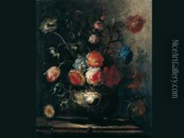 Blumenstrauss In Einer Reliefierten Tonvase Auf Einem Tisch Oil Painting - Johann Baptist Halszel