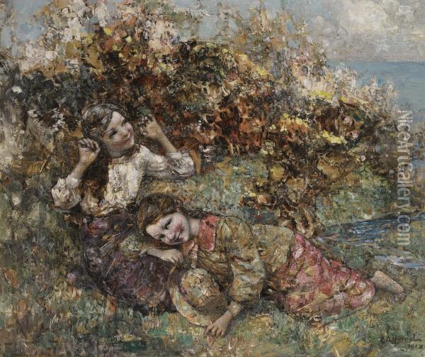 Girls Picking Wild Flowers Oil Painting - Edward Atkinson Hornel