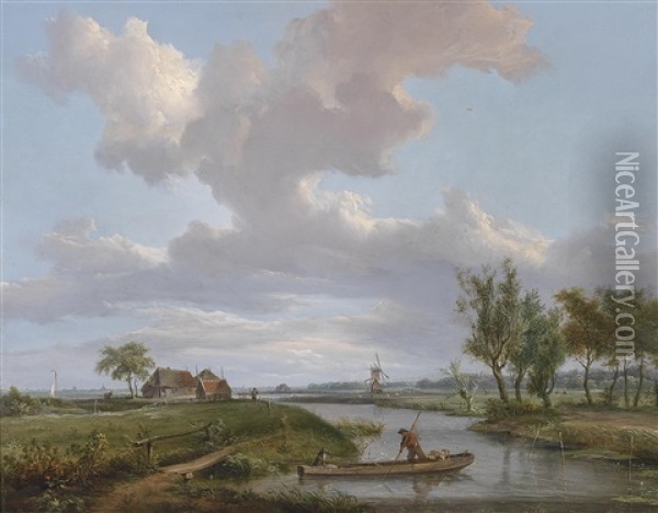 Hollandische Fluslandschaft Mit Fischer Oil Painting - Casparus Johannes Morel